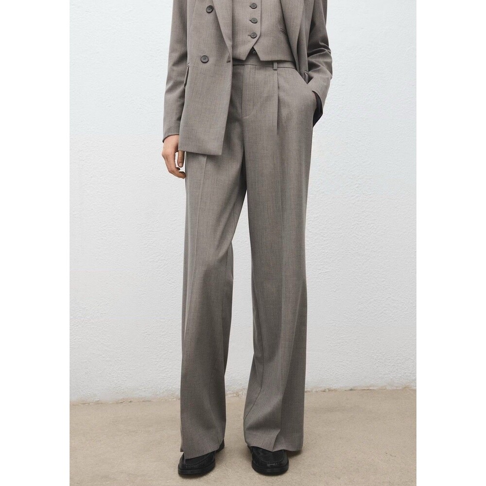 MANGO MNG Mottled Light Grey PLEAT FRONT WIDE LEG TROUSERS PANTS SZ 36 US 4